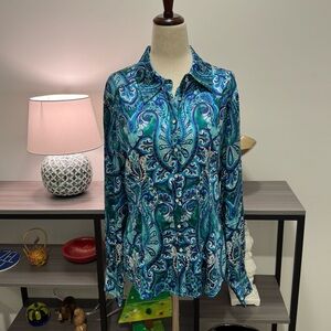 Cache Blue Green Paisley Silk Button-Front Blouse | Size L